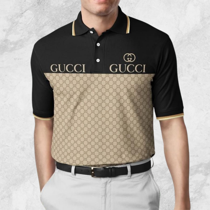 Limited Edition Gucci Black and Beige Monogram Polo Shirt CSPL-D0058