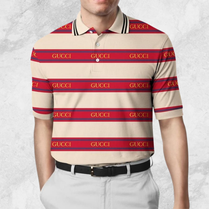Limited Edition Gucci Red Brand Name Stripe Beige Polo Shirt CSPL-D0048