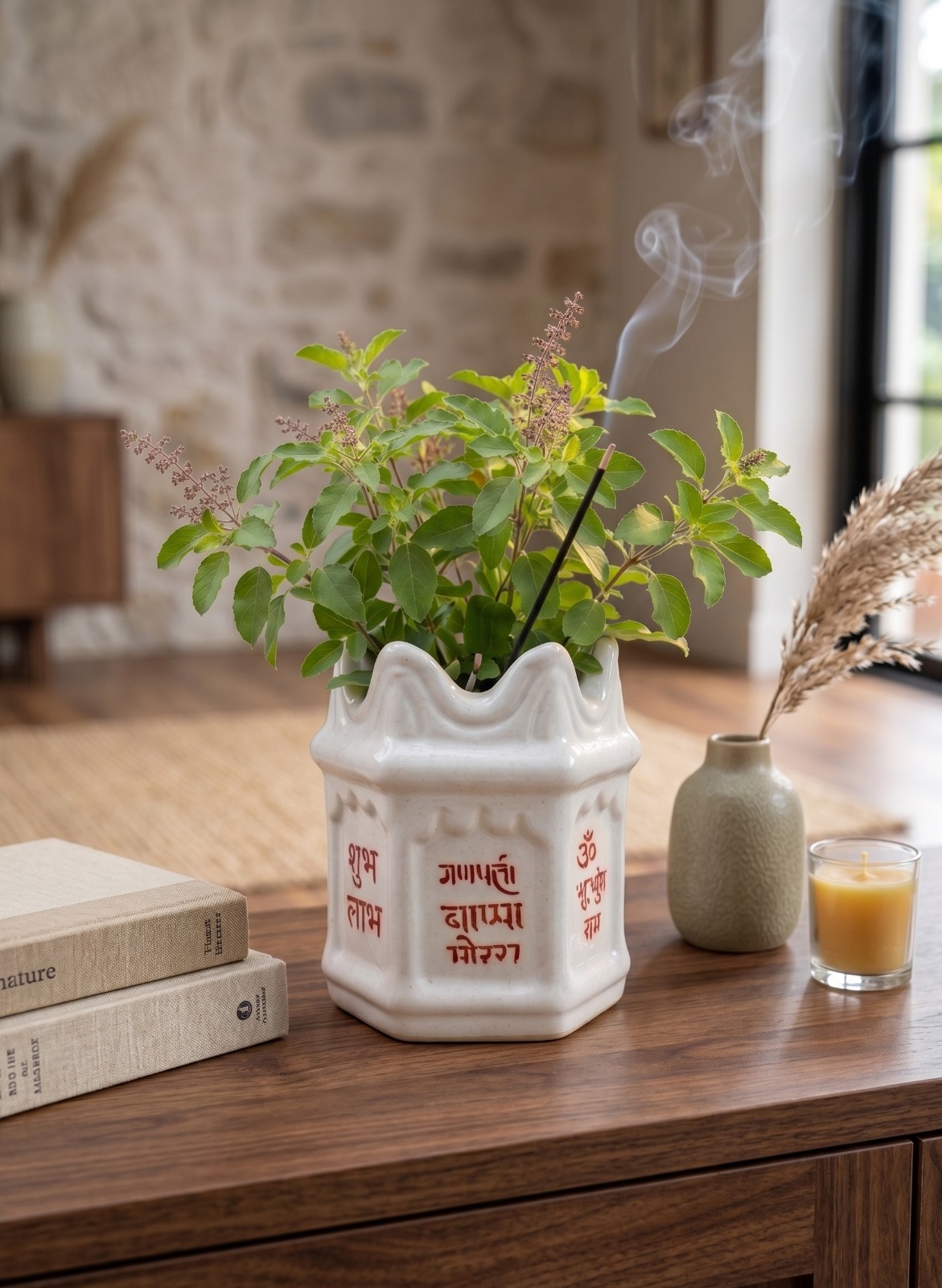 Store Lavish Traditional White Ceramic Tulsi Vrindavan Planter – Ganpati Bappa Morya & Sacred Mantras - Image 2