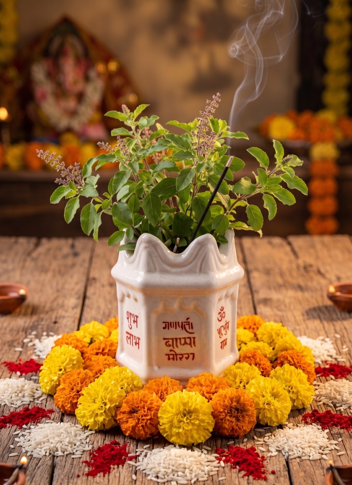 Store Lavish Traditional White Ceramic Tulsi Vrindavan Planter – Ganpati Bappa Morya & Sacred Mantras - Image 5
