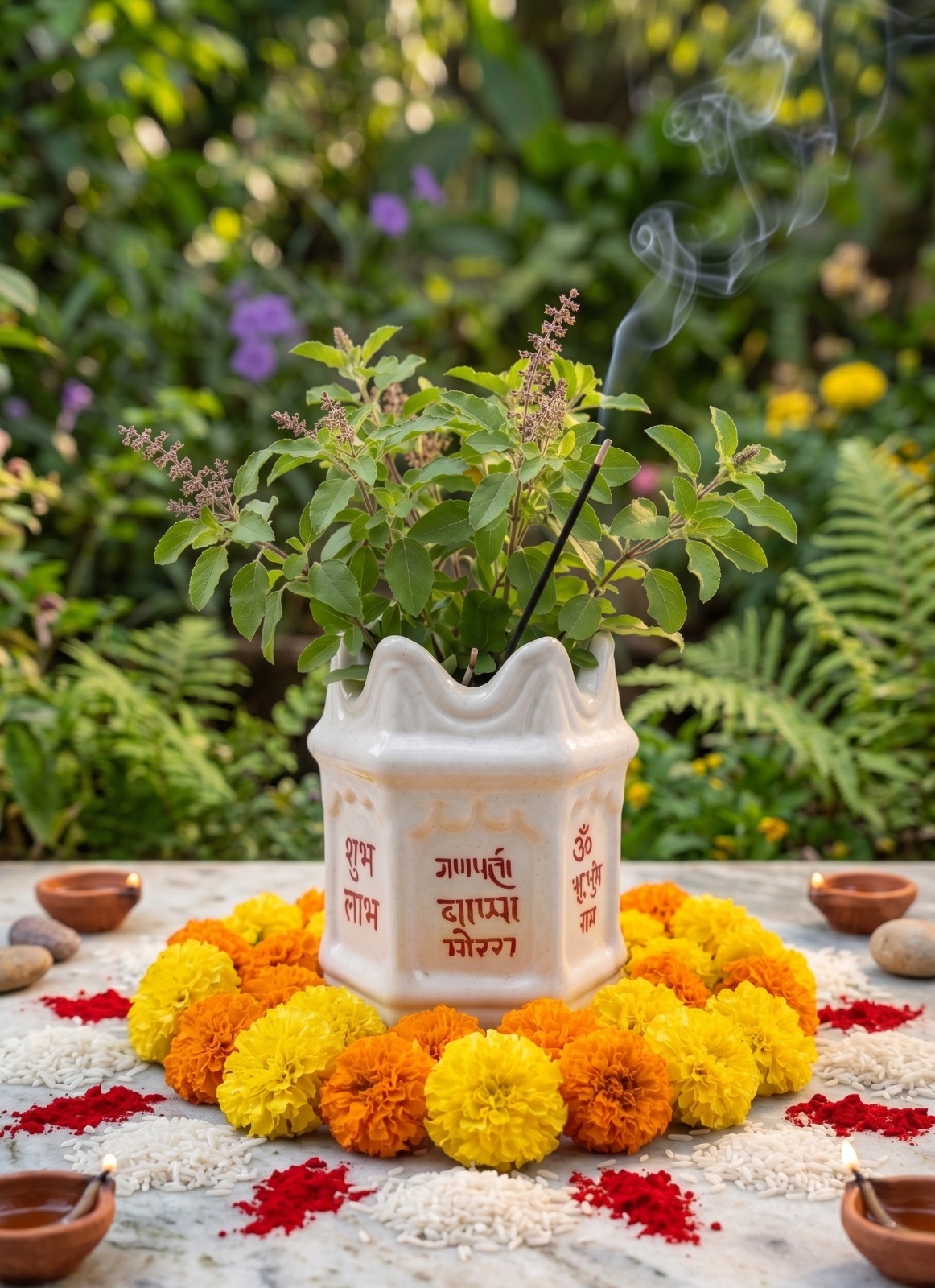 Store Lavish Traditional White Ceramic Tulsi Vrindavan Planter – Ganpati Bappa Morya & Sacred Mantras - Image 4