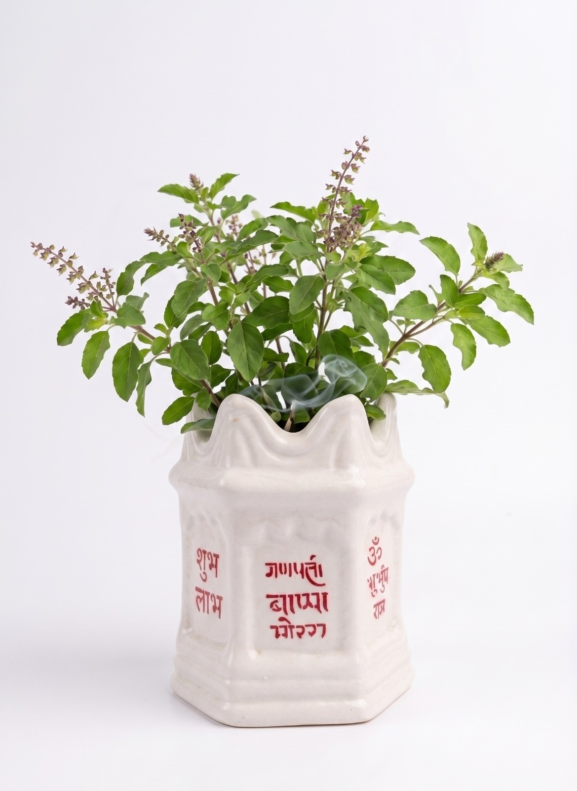 Store Lavish Traditional White Ceramic Tulsi Vrindavan Planter – Ganpati Bappa Morya & Sacred Mantras - Image 3