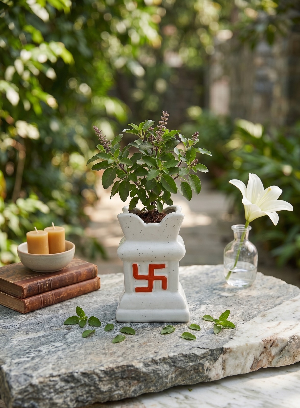 Store Lavish Traditional Ceramic Tulsi Planter – White Speckled Pot with Orange-Red Swastik - Image 6