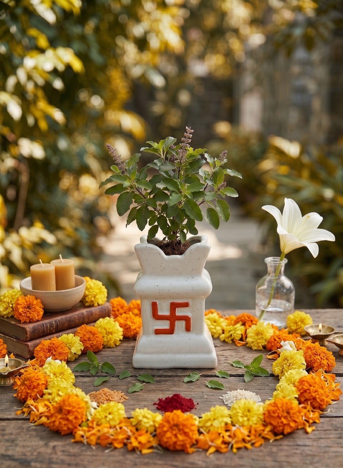 Store Lavish Traditional Ceramic Tulsi Planter – White Speckled Pot with Orange-Red Swastik - Image 4