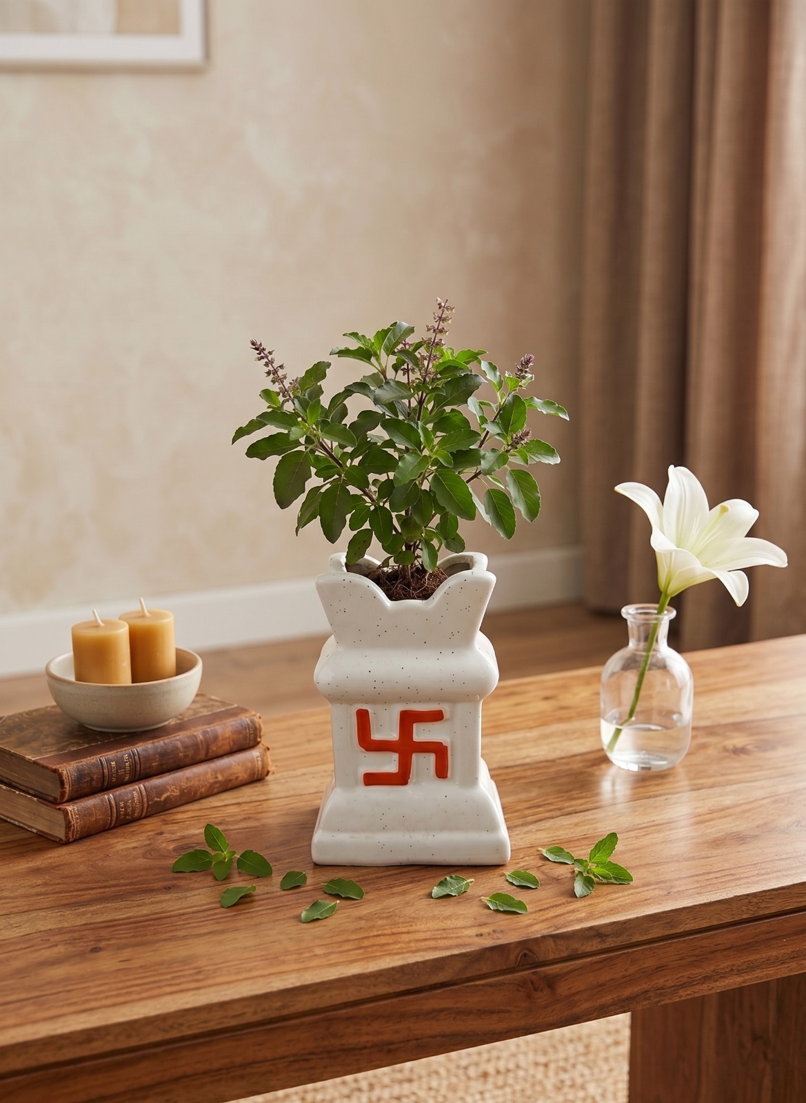 Store Lavish Traditional Ceramic Tulsi Planter – White Speckled Pot with Orange-Red Swastik - Image 5