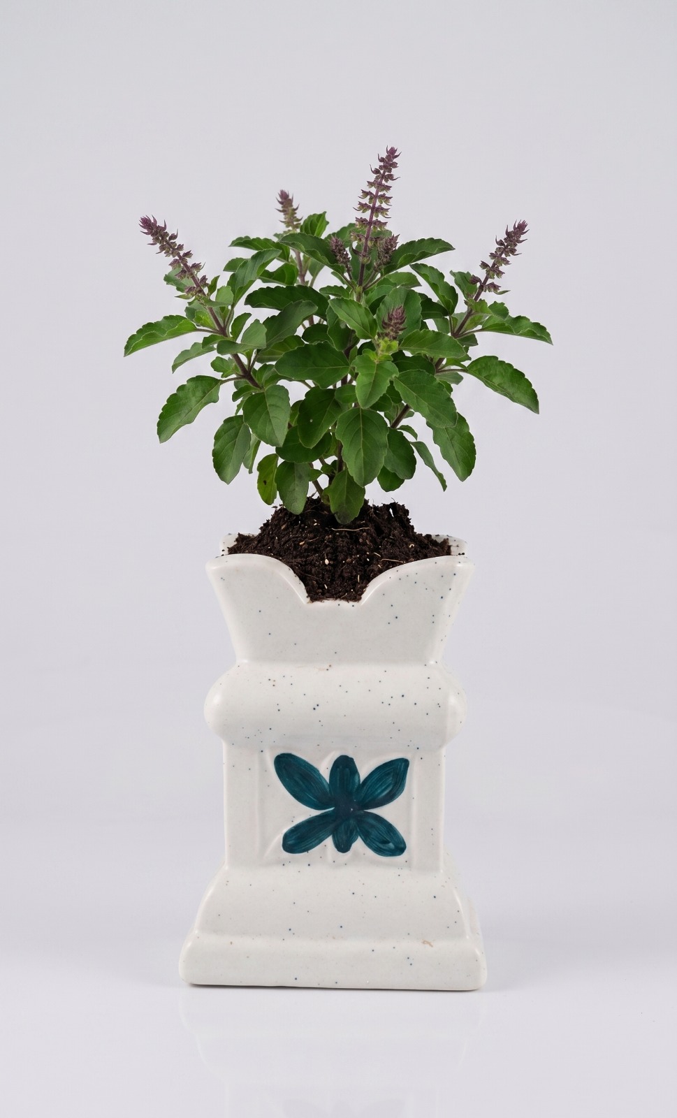 Store Lavish Handcrafted Ceramic Tulsi Vrindavan Planter – White Speckled Pot with Teal Floral Motif - Image 2