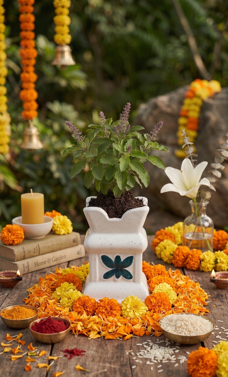Store Lavish Handcrafted Ceramic Tulsi Vrindavan Planter – White Speckled Pot with Teal Floral Motif - Image 3