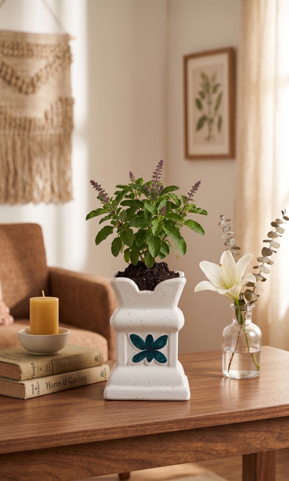 Store Lavish Handcrafted Ceramic Tulsi Vrindavan Planter – White Speckled Pot with Teal Floral Motif - Image 4