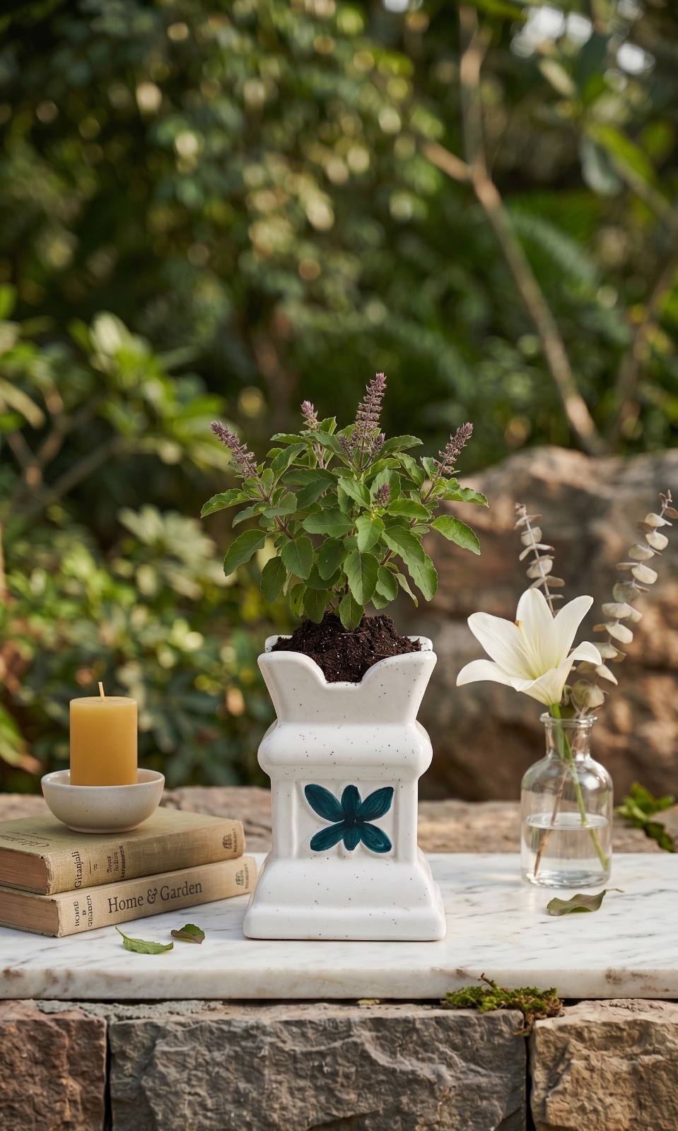 Store Lavish Handcrafted Ceramic Tulsi Vrindavan Planter – White Speckled Pot with Teal Floral Motif - Image 5