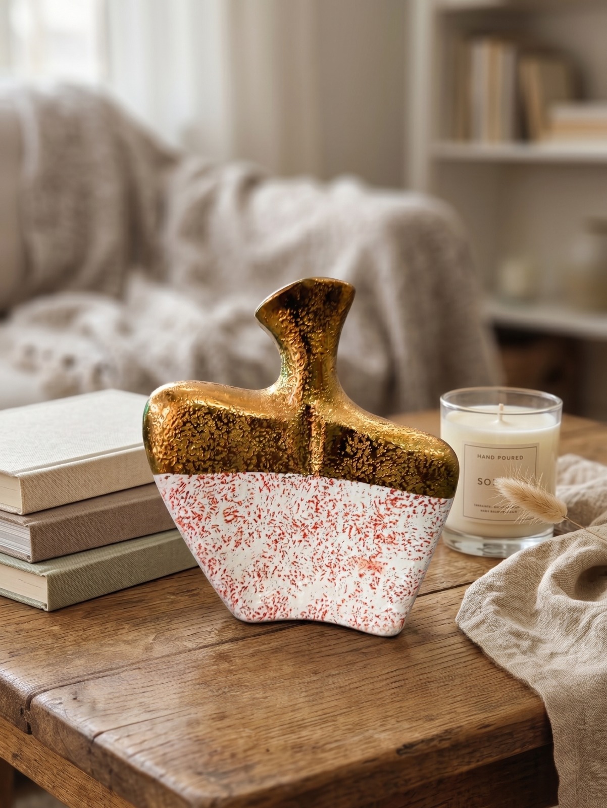 Store Lavish Abstract Two-Tone Sculptural Ceramic Vase – Textured Metallic Gold & Speckled Red-White Base - Image 4