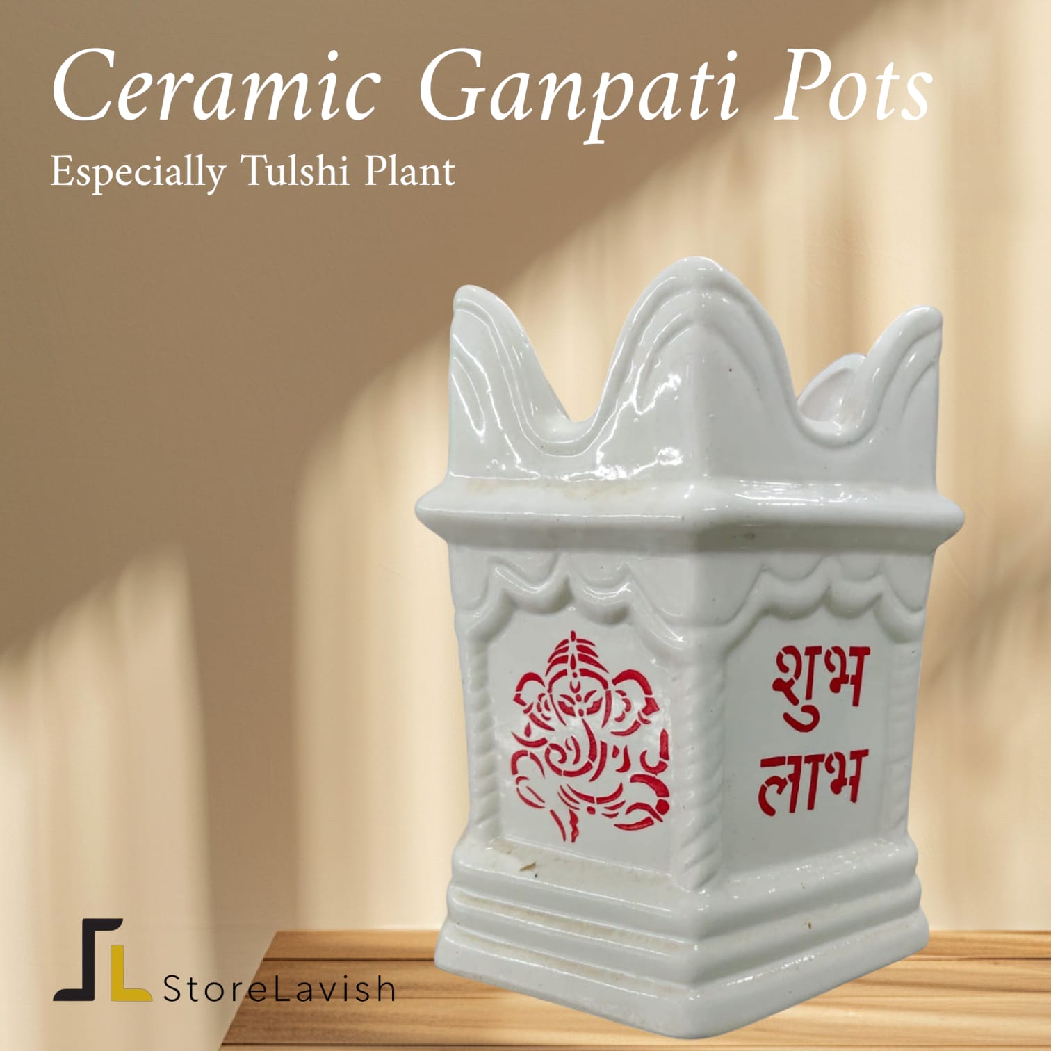 Store Lavish Traditional White Ceramic Tulsi Vrindavan Planter – Ganesha & Shubh Labh Motif - Image 2