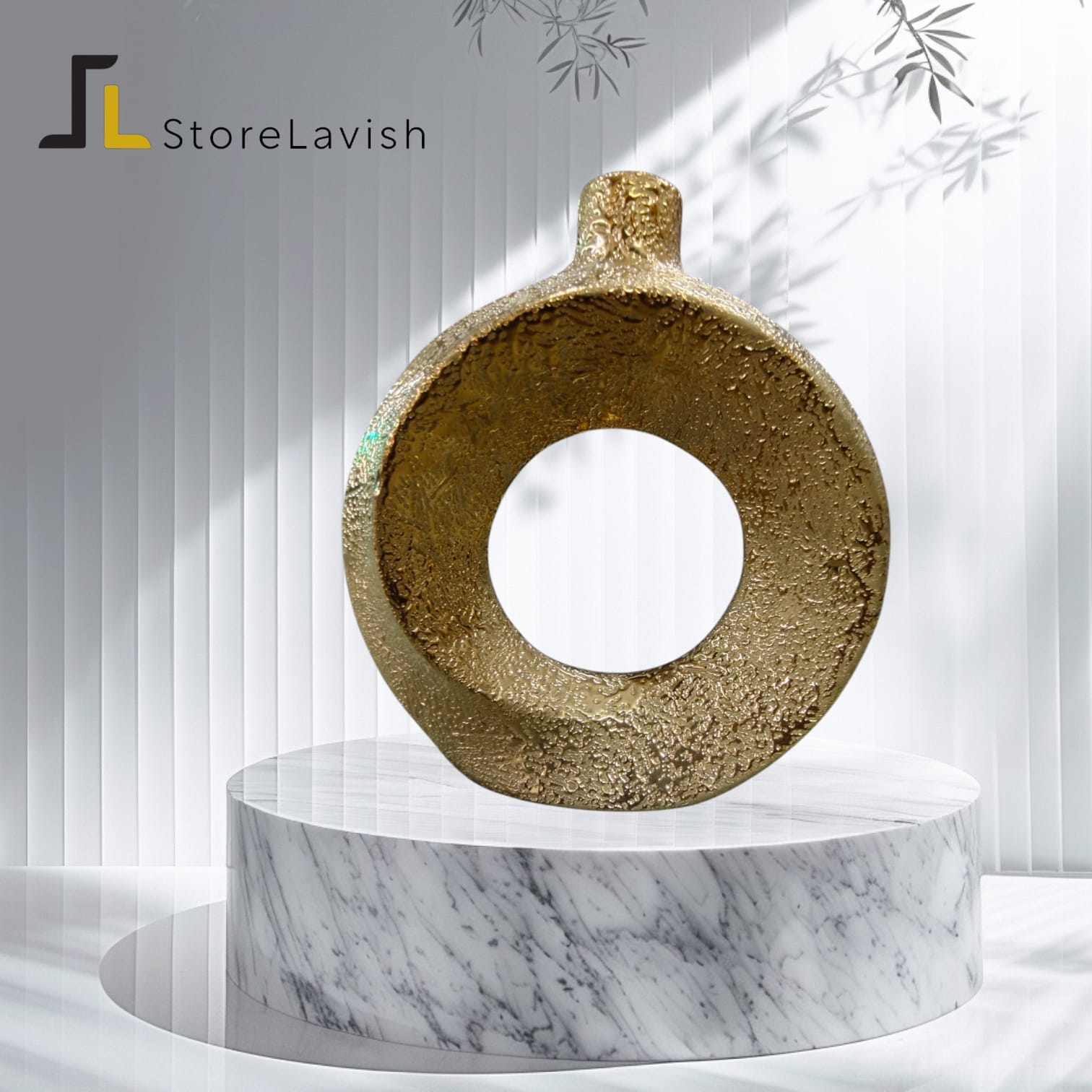 StoreLavish Modern Textured Gold Circular Donuts Ceramic Vase – Metallic Abstract Hollow Sculpture, Minimalist Luxury Table Centerpiece & Home Accent - Image 2