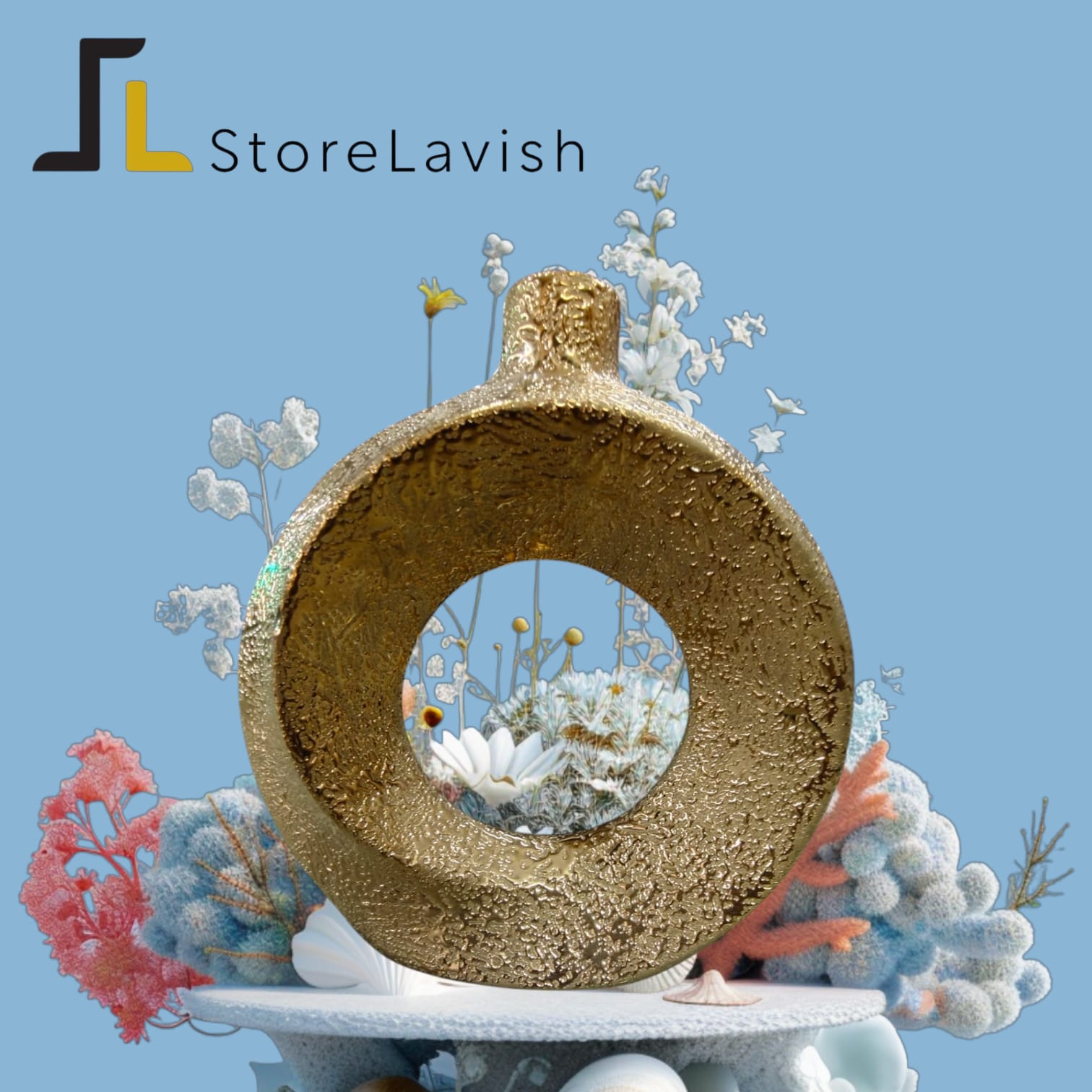 StoreLavish Modern Textured Gold Circular Donuts Ceramic Vase – Metallic Abstract Hollow Sculpture, Minimalist Luxury Table Centerpiece & Home Accent - Image 5