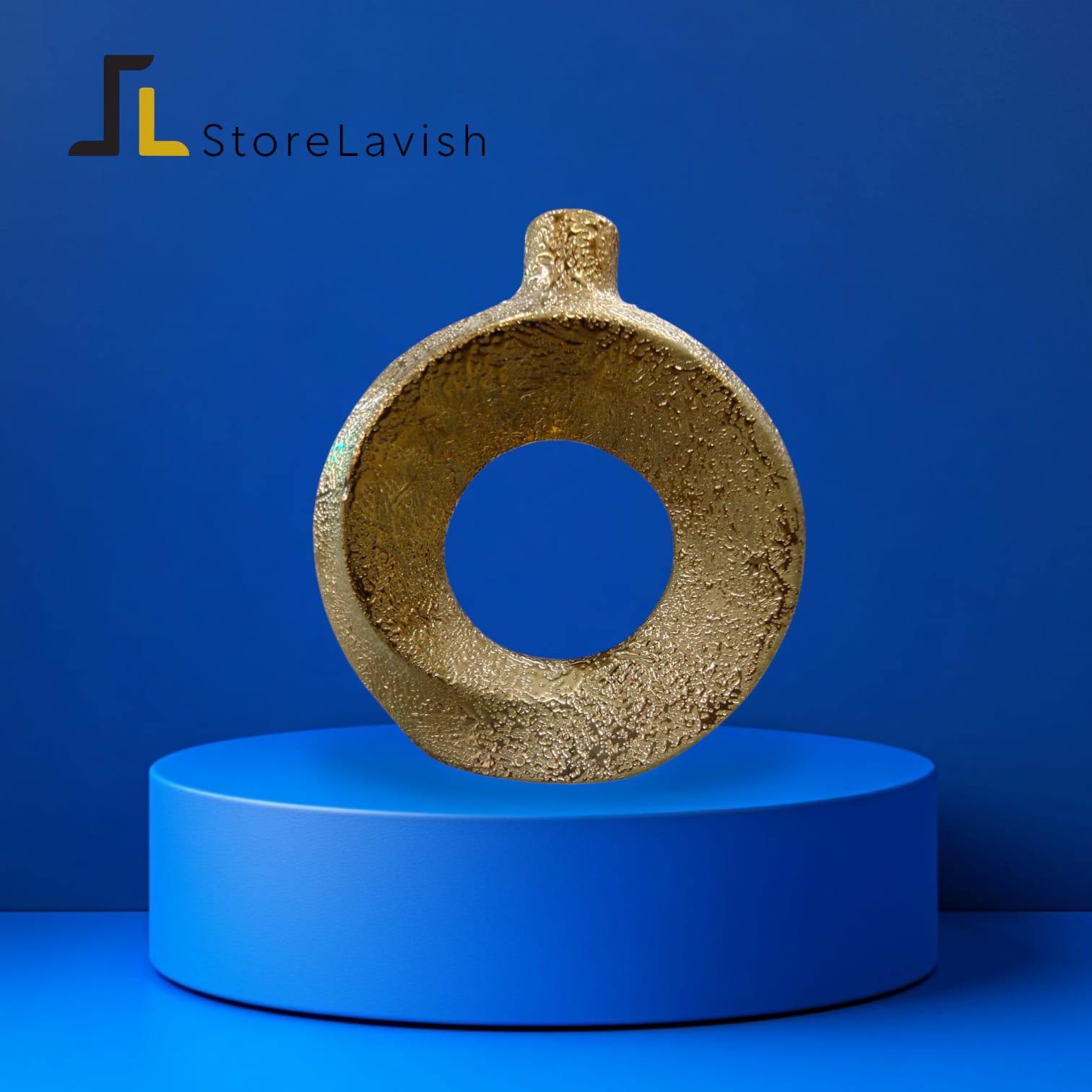 StoreLavish Modern Textured Gold Circular Donuts Ceramic Vase – Metallic Abstract Hollow Sculpture, Minimalist Luxury Table Centerpiece & Home Accent - Image 4