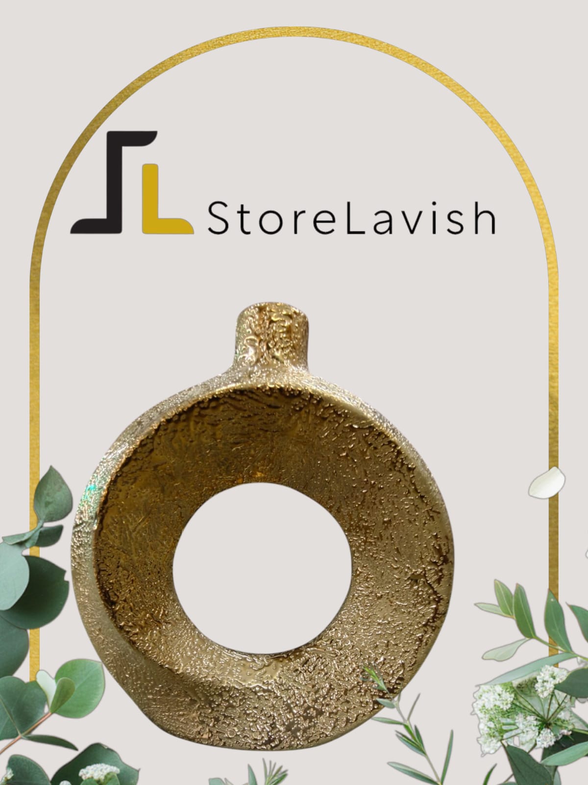 StoreLavish Modern Textured Gold Circular Donuts Ceramic Vase – Metallic Abstract Hollow Sculpture, Minimalist Luxury Table Centerpiece & Home Accent