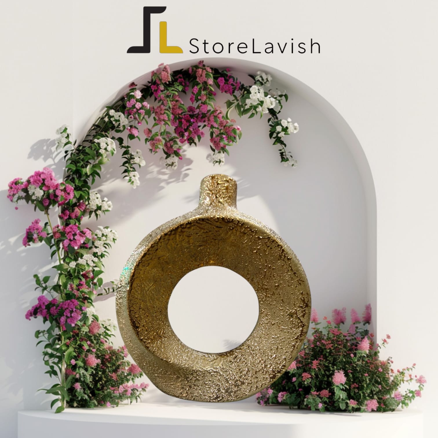 StoreLavish Modern Textured Gold Circular Donuts Ceramic Vase – Metallic Abstract Hollow Sculpture, Minimalist Luxury Table Centerpiece & Home Accent - Image 3