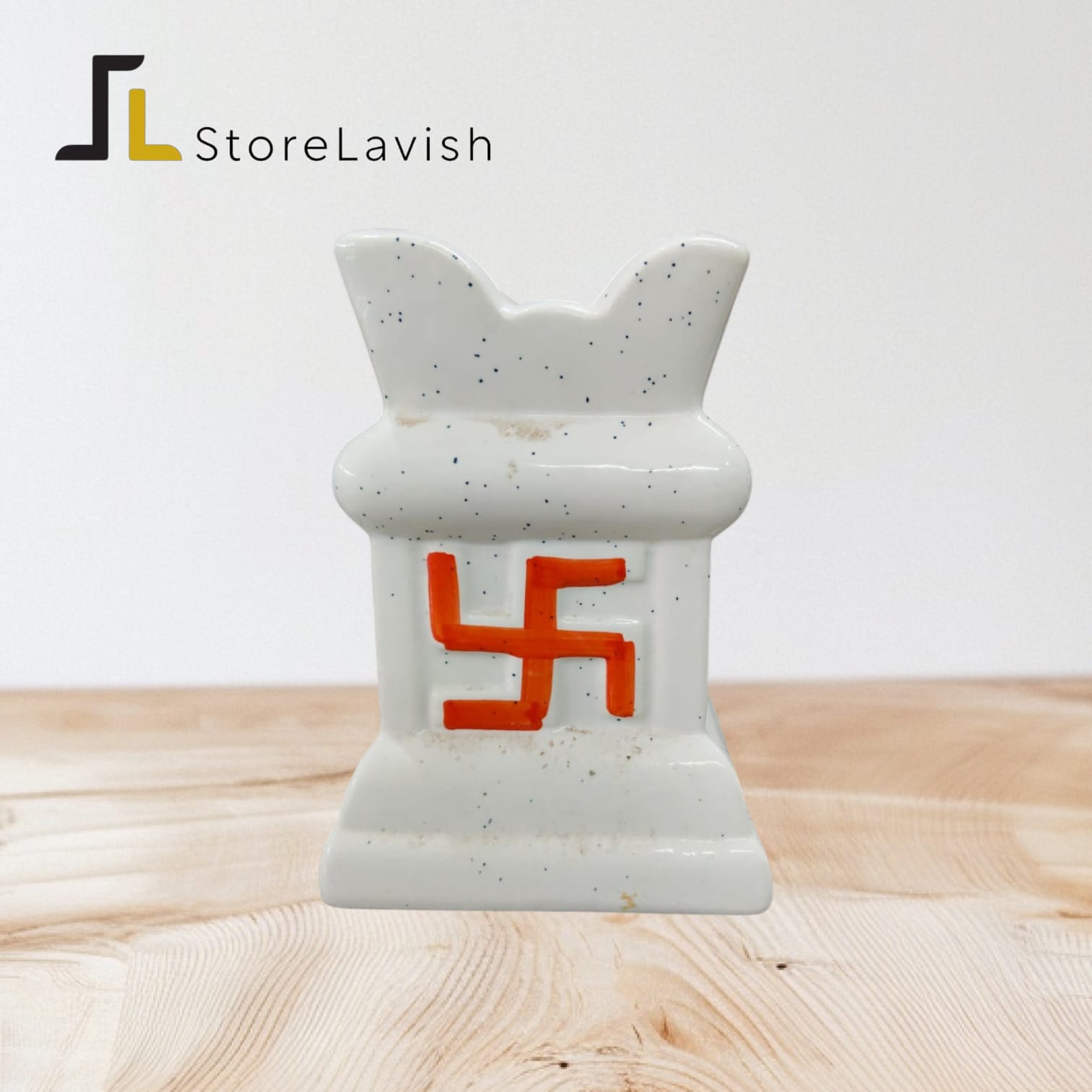 Store Lavish Traditional Ceramic Tulsi Planter – White Speckled Pot with Orange-Red Swastik - Image 3