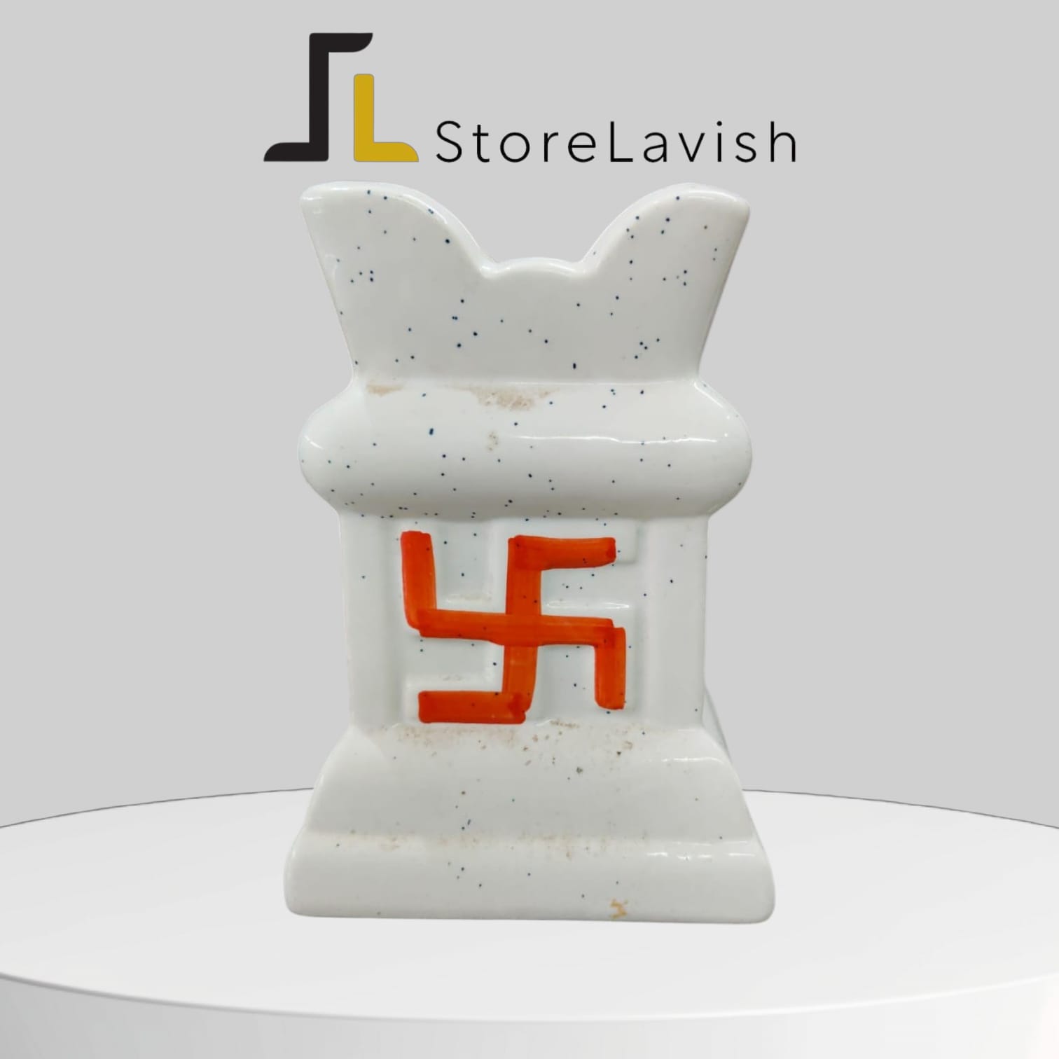 Store Lavish Traditional Ceramic Tulsi Planter – White Speckled Pot with Orange-Red Swastik - Image 2