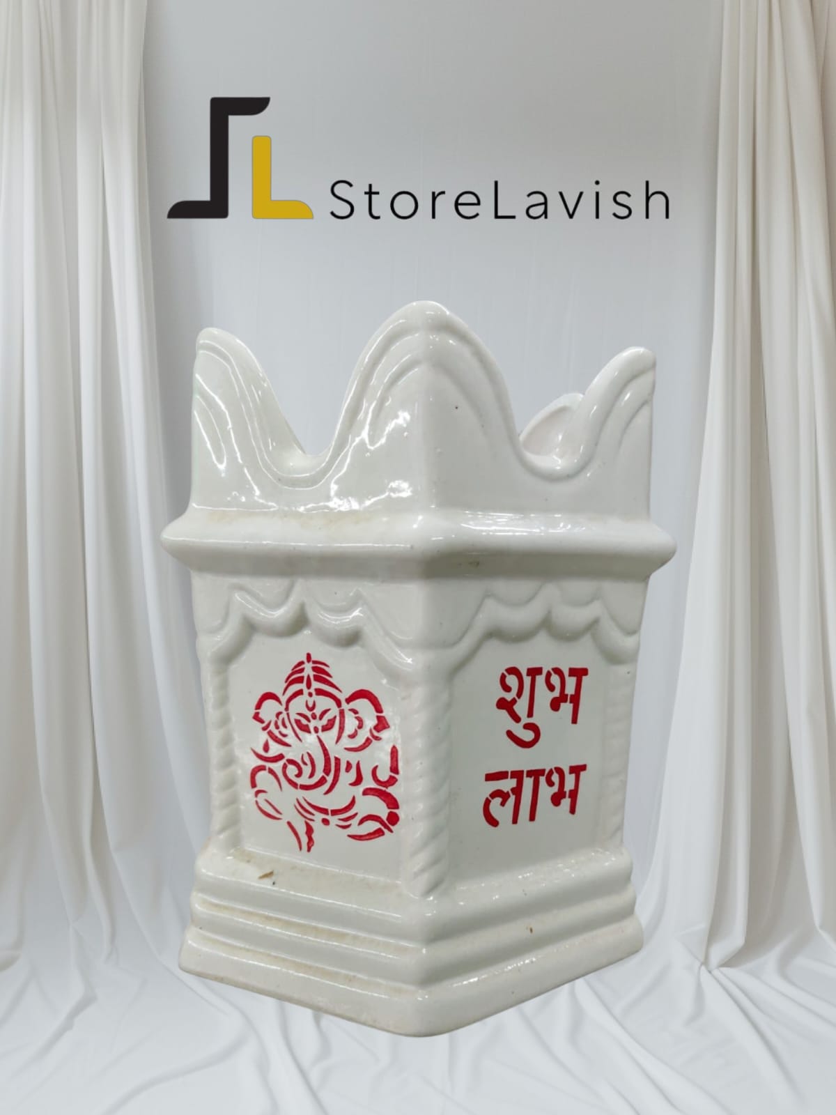 Store Lavish Traditional White Ceramic Tulsi Vrindavan Planter – Ganesha & Shubh Labh Motif - Image 3