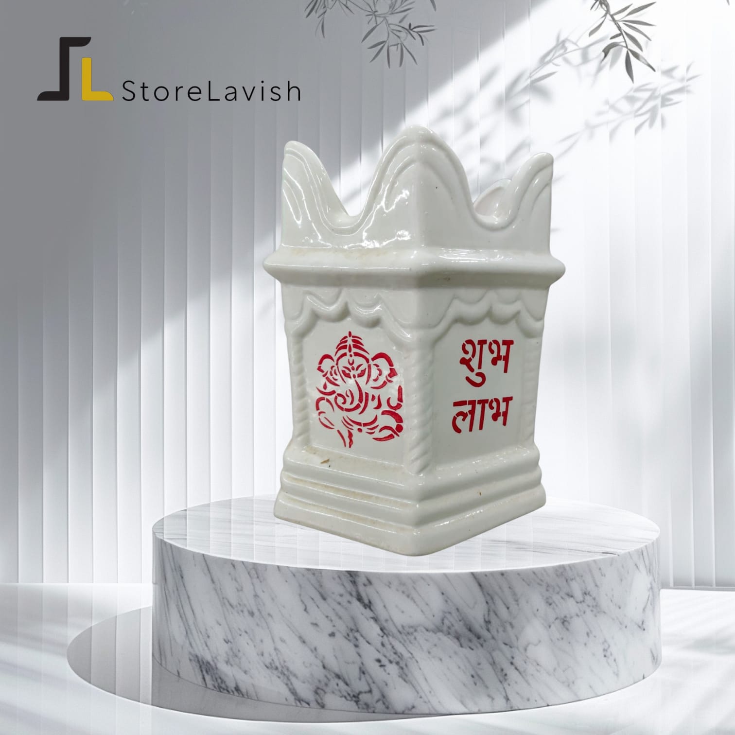 Store Lavish Traditional White Ceramic Tulsi Vrindavan Planter – Ganesha & Shubh Labh Motif - Image 4