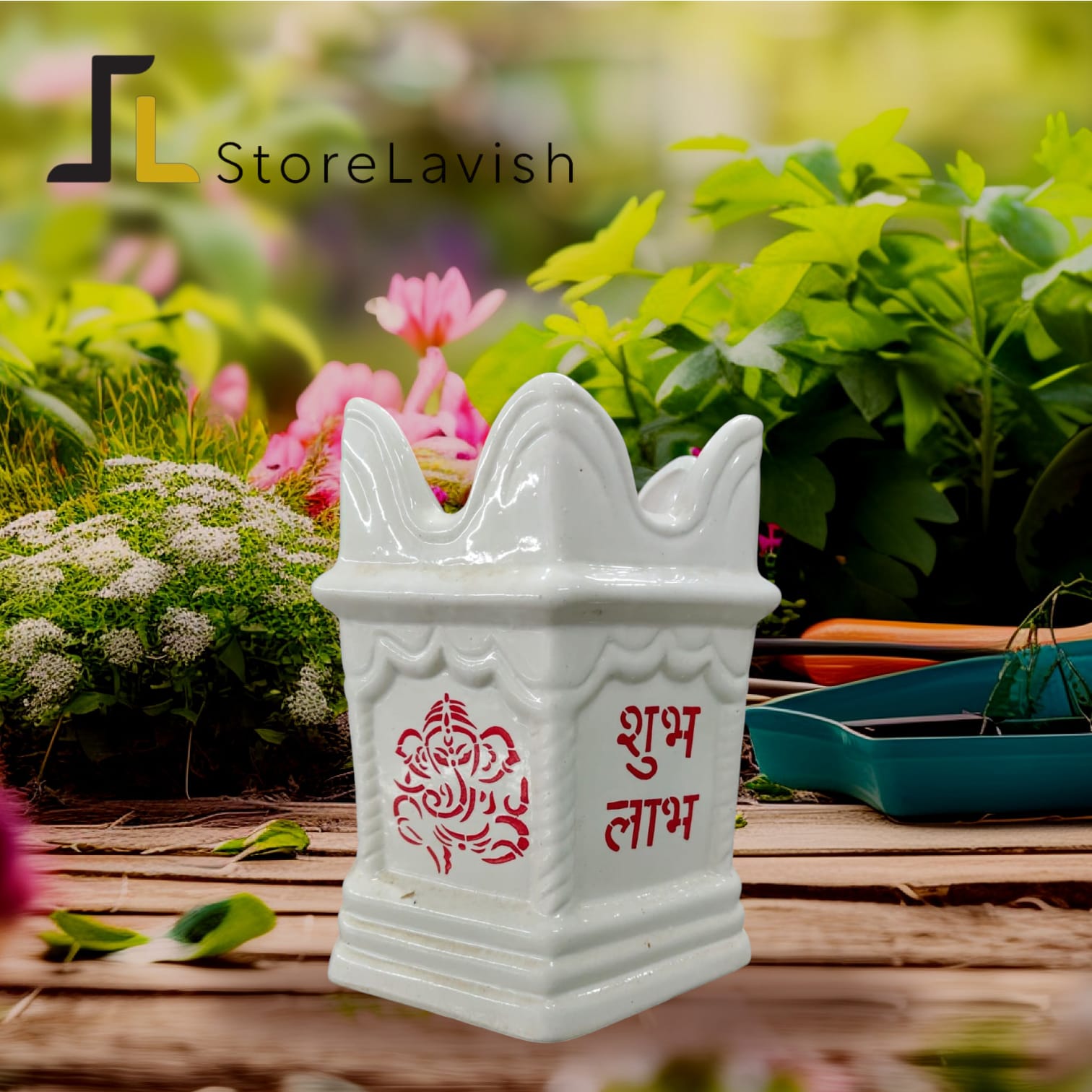 Store Lavish Traditional White Ceramic Tulsi Vrindavan Planter – Ganesha & Shubh Labh Motif - Image 5