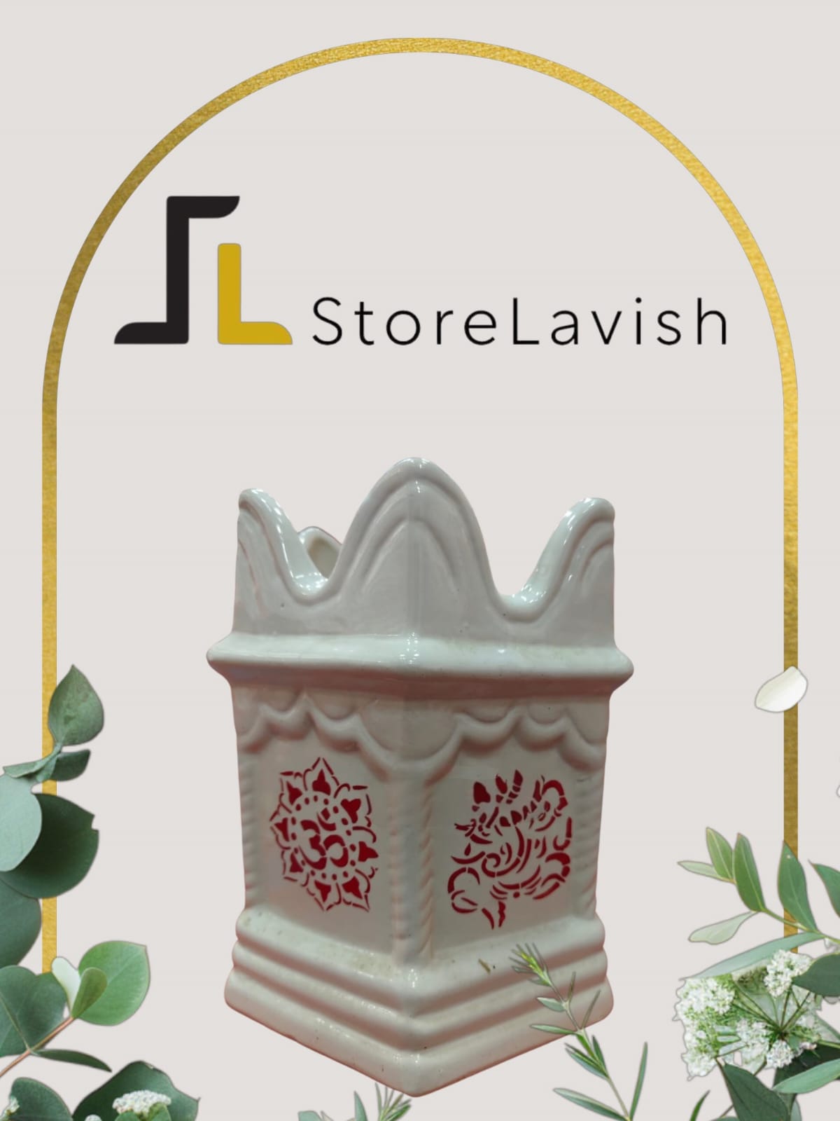 Store Lavish Traditional White Ceramic Tulsi Vrindavan Planter – Ganesha & Shubh Labh Motif