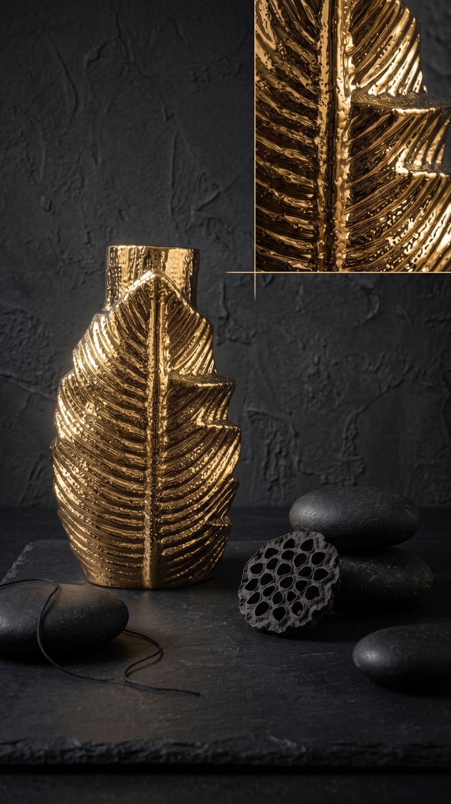 Store Lavish Modern Textured Gold Leaf Ceramic Vase – Sculptural Accent Piece - Image 3