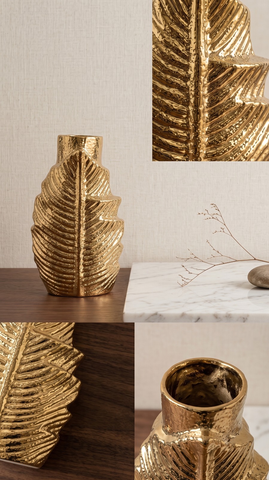 Store Lavish Modern Textured Gold Leaf Ceramic Vase – Sculptural Accent Piece - Image 5
