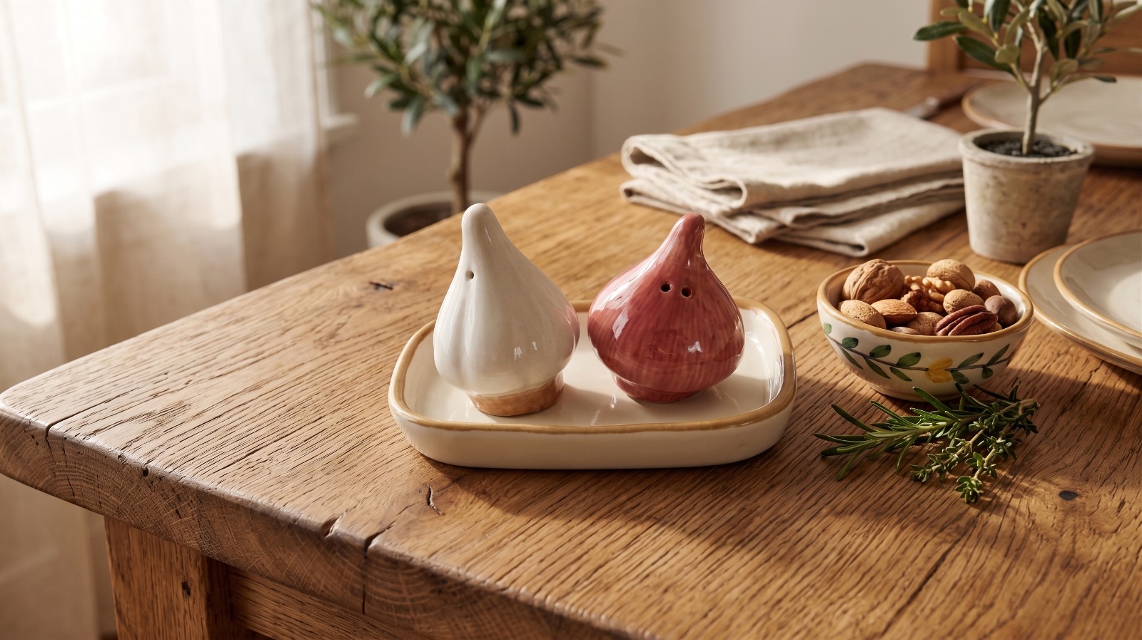 Store Lavish Hand-Painted Ceramic Garlic & Onion Salt and Pepper Shakers with Matching Ceramic Tray – 3-Piece Rustic Kitchen & Dining Table Decor Set - Image 3