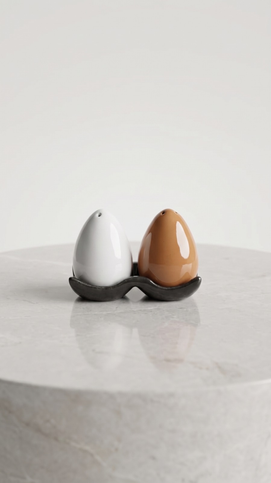 Store Lavish Minimalist Ceramic Egg Salt & Pepper Shakers Set with Tray – White & Brown