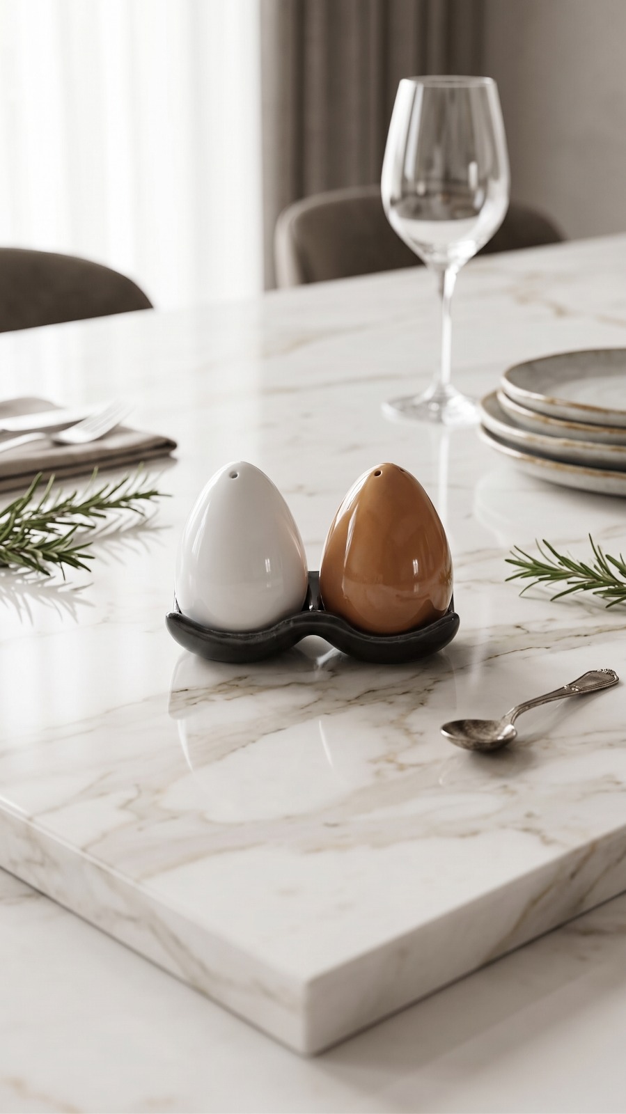 Store Lavish Minimalist Ceramic Egg Salt & Pepper Shakers Set with Tray – White & Brown - Image 3