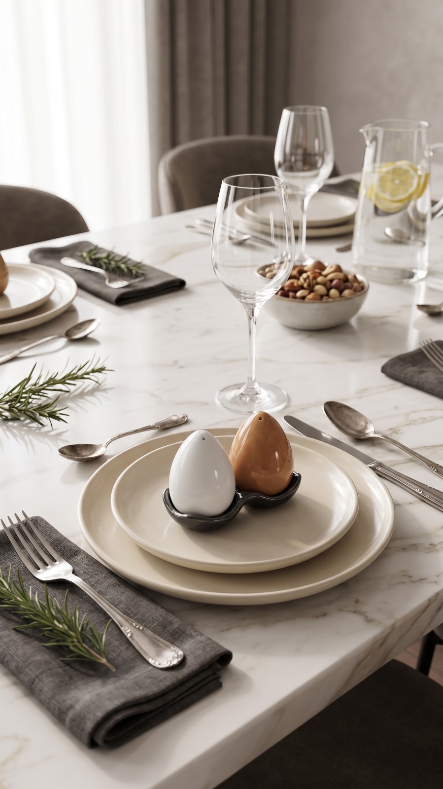 Store Lavish Minimalist Ceramic Egg Salt & Pepper Shakers Set with Tray – White & Brown - Image 2