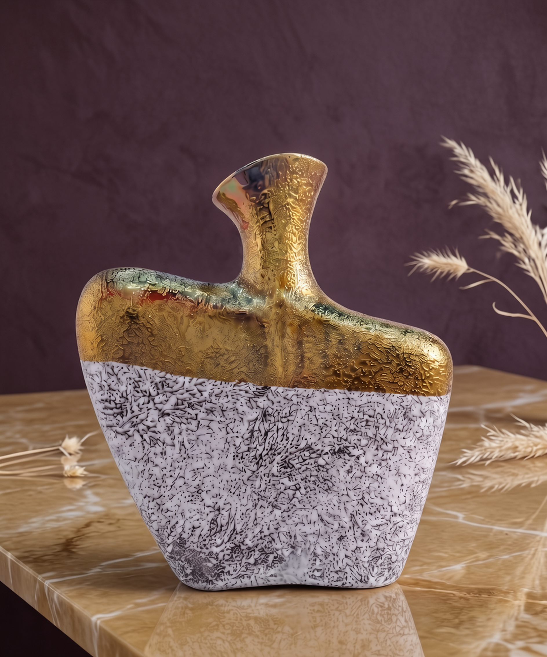 Store Lavish Abstract Two-Tone Ceramic Statement Vase – Textured Gold & Speckled White - Image 3