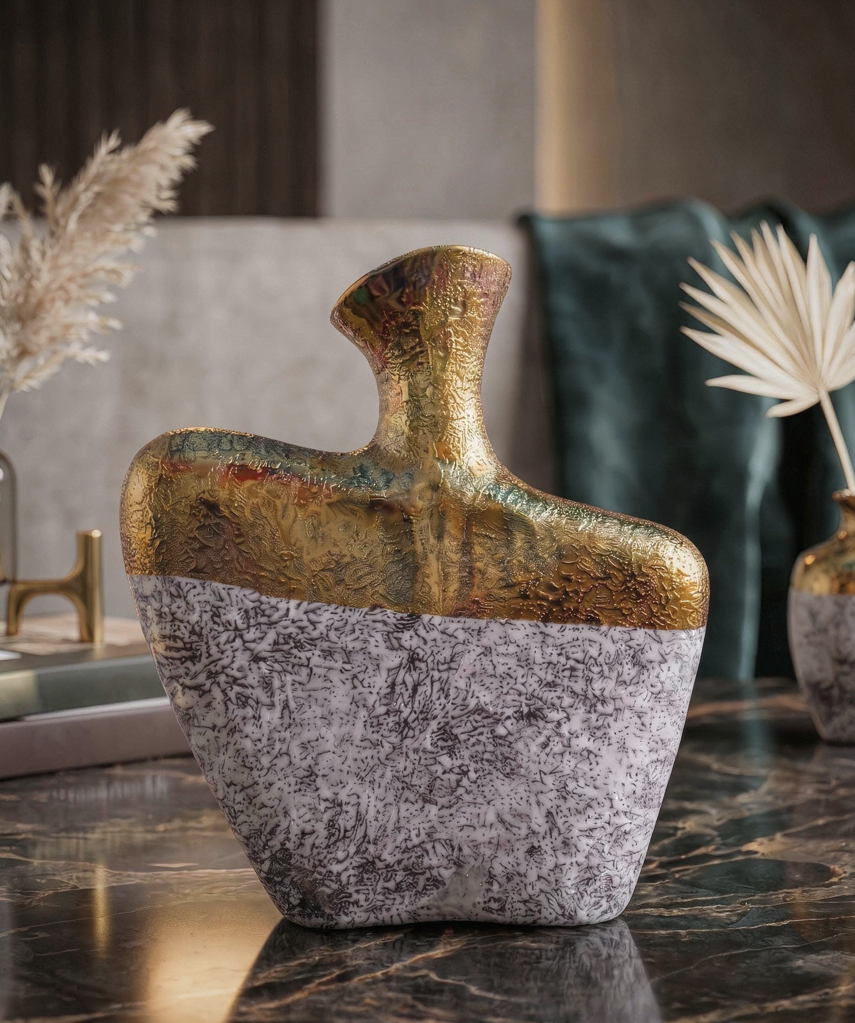 Store Lavish Abstract Two-Tone Ceramic Statement Vase – Textured Gold & Speckled White - Image 4