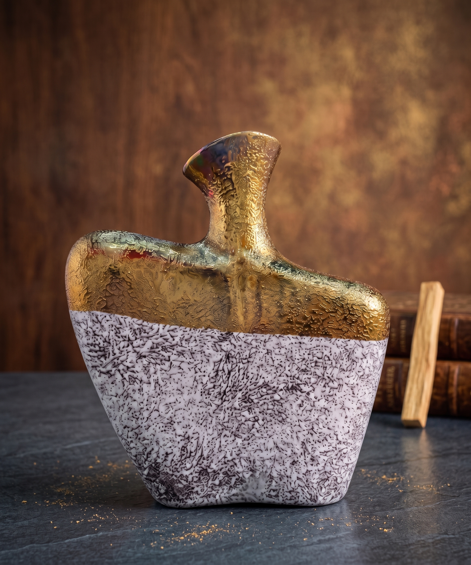 Store Lavish Abstract Two-Tone Ceramic Statement Vase – Textured Gold & Speckled White
