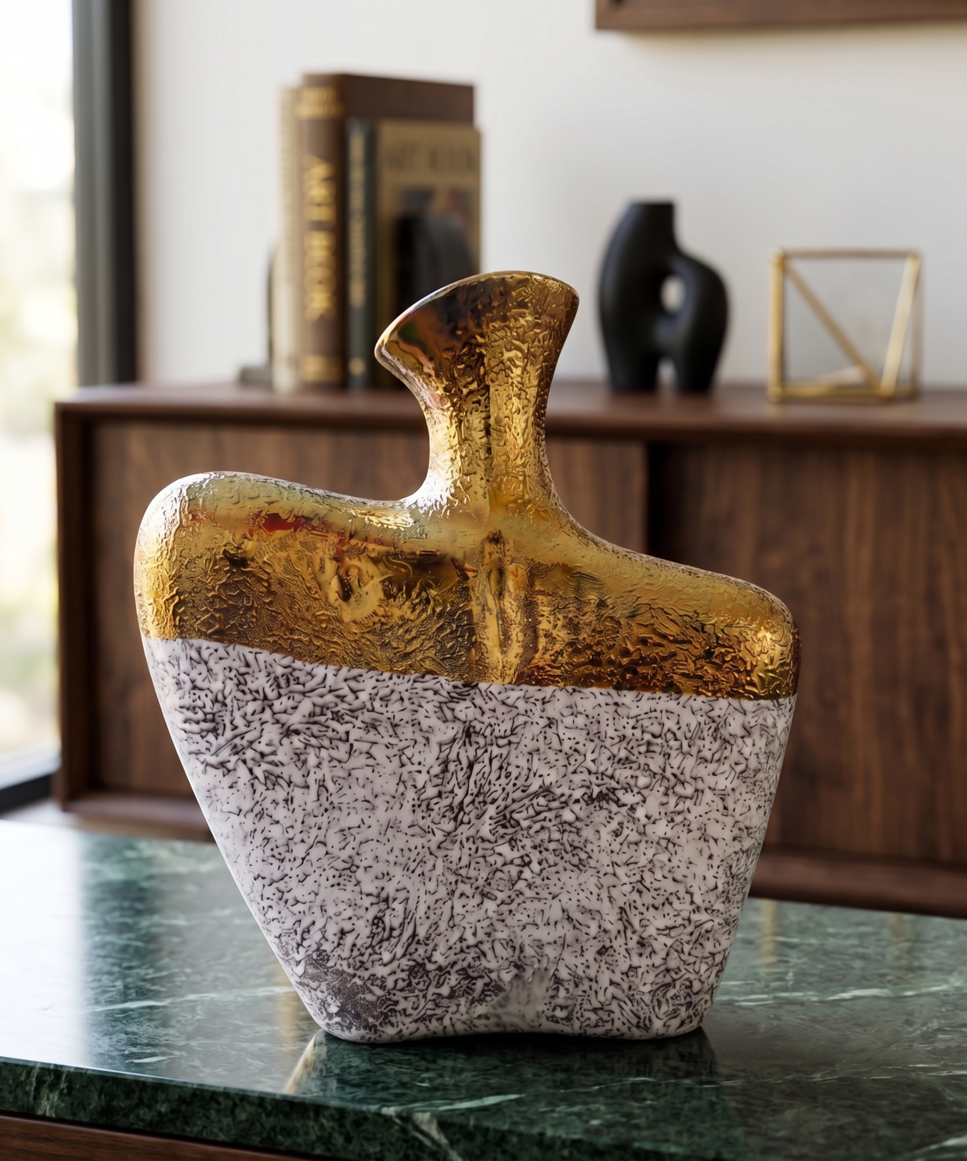 Store Lavish Abstract Two-Tone Ceramic Statement Vase – Textured Gold & Speckled White - Image 2